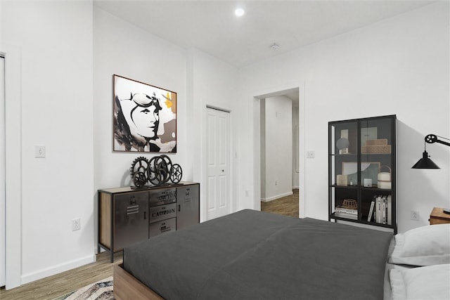 bedroom with a closet and dark hardwood / wood-style floors