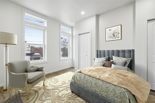 bedroom with wood-type flooring and a closet