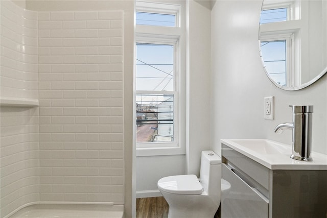 bathroom with wood-type flooring, a healthy amount of sunlight, vanity, and toilet