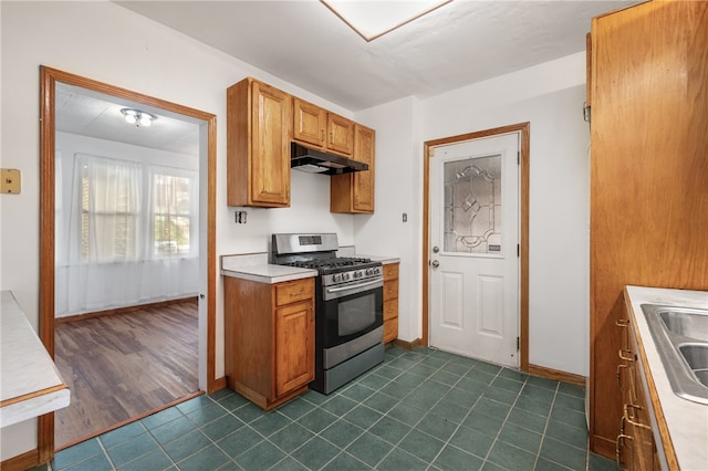 kitchen with dark hardwood / wood-style flooring, stainless steel gas range oven, and sink