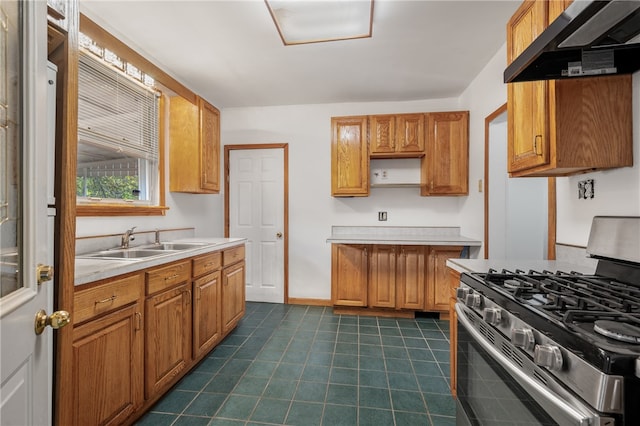 kitchen featuring stainless steel range with gas cooktop, ventilation hood, and sink