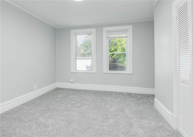 carpeted empty room featuring crown molding