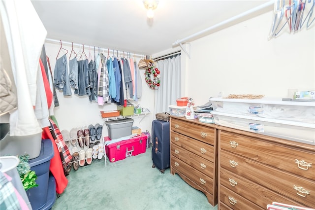 walk in closet with light carpet