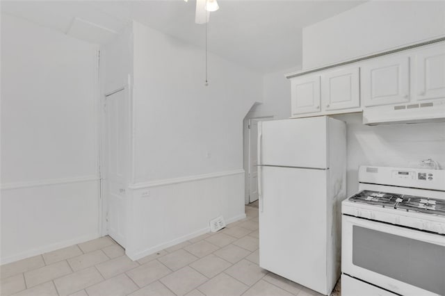 kitchen with white cabinets, ceiling fan, exhaust hood, and white appliances