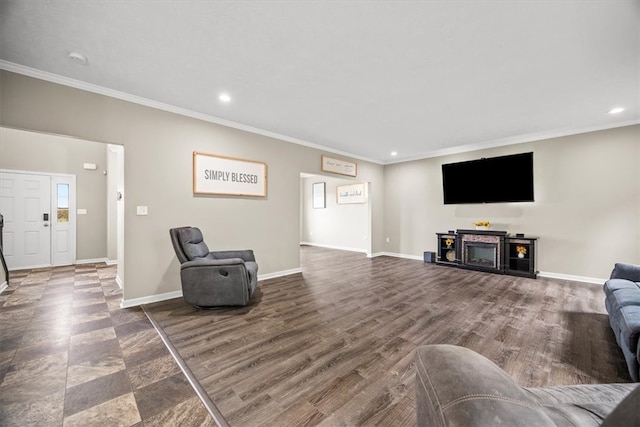 living room with crown molding and wood-type flooring