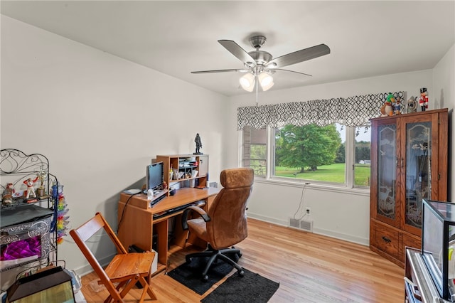 office space with light hardwood / wood-style floors and ceiling fan