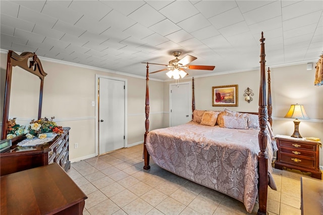 bedroom with crown molding, light tile patterned floors, and ceiling fan