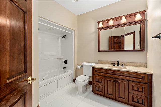 full bathroom with bathtub / shower combination, vanity, toilet, and tile patterned flooring