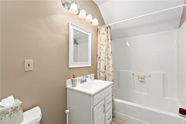 full bathroom featuring vanity, shower / bath combination with curtain, toilet, and tile patterned flooring