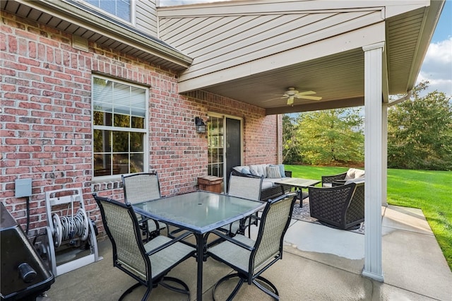 view of patio / terrace featuring ceiling fan and an outdoor hangout area