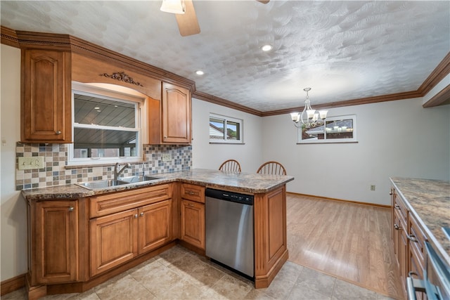 kitchen featuring sink, light wood-type flooring, kitchen peninsula, stainless steel dishwasher, and ornamental molding