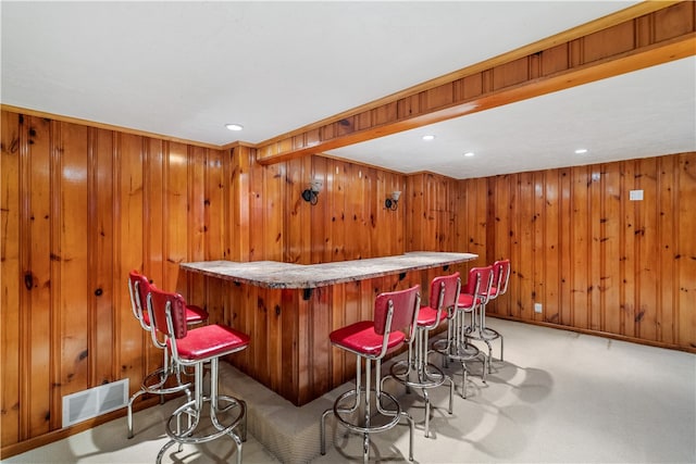 bar featuring wooden walls and light colored carpet