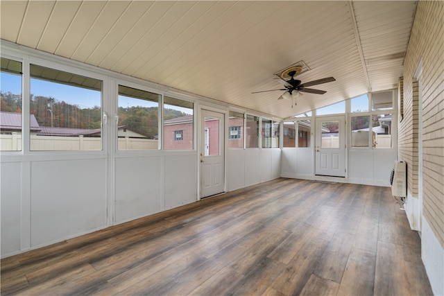 unfurnished sunroom with lofted ceiling, wooden ceiling, and ceiling fan