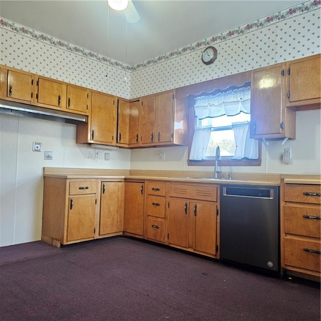 kitchen with sink, ceiling fan, dishwasher, and dark colored carpet