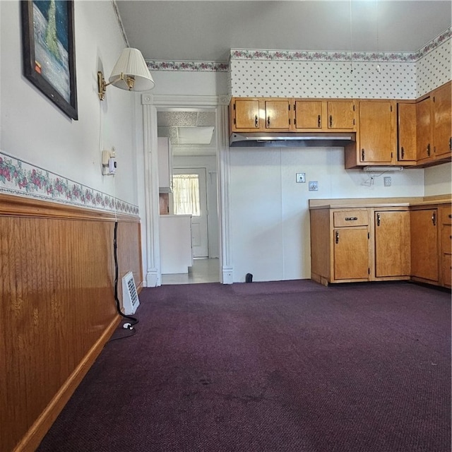 kitchen featuring dark carpet