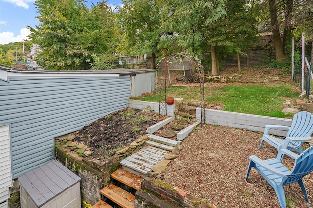 view of yard with a shed