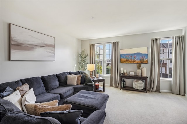 living room featuring light carpet