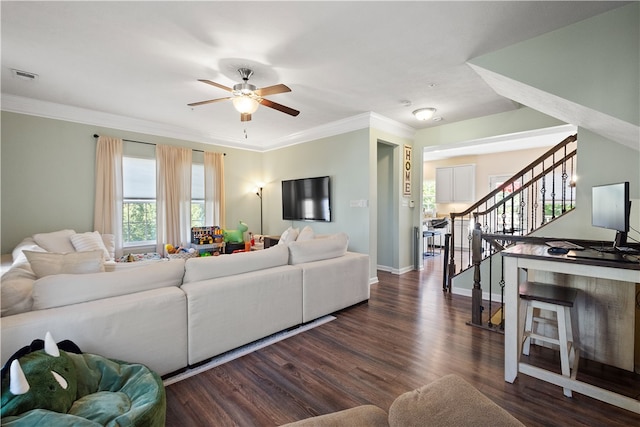 living room with ornamental molding, ceiling fan, and dark hardwood / wood-style flooring