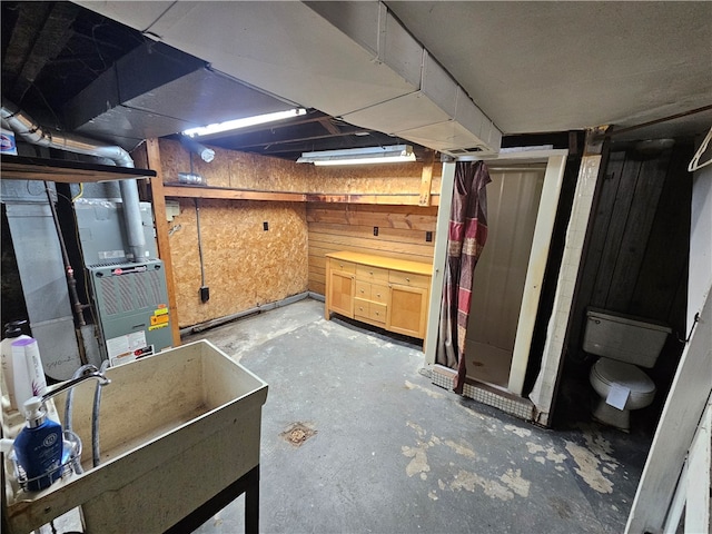 basement featuring sink and wooden walls