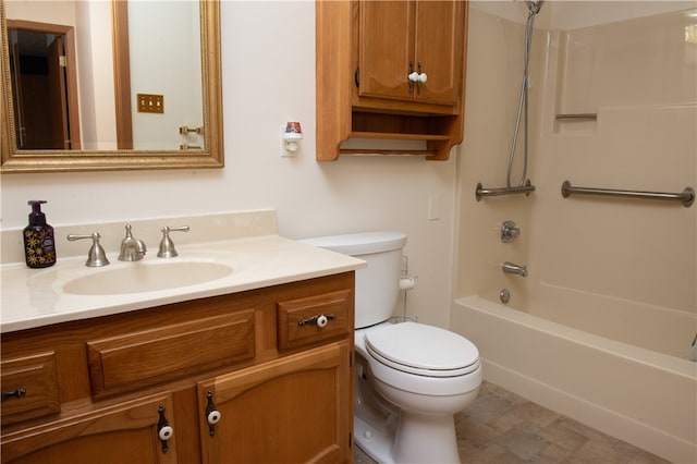 full bathroom with toilet, vanity, and shower / bath combination