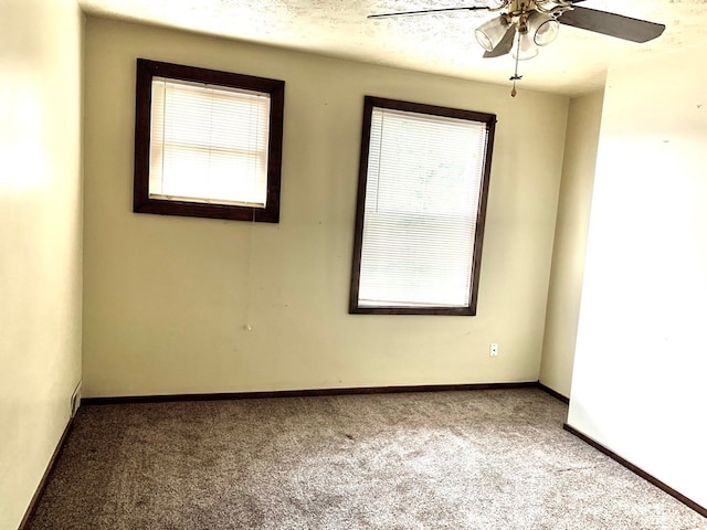 unfurnished room with ceiling fan, carpet, and a textured ceiling