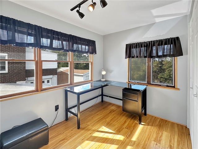 home office featuring hardwood / wood-style flooring, rail lighting, and a wealth of natural light