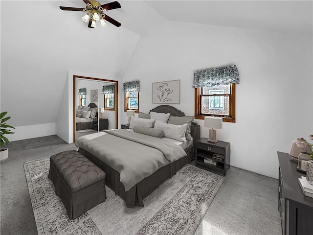 bedroom with ceiling fan, carpet flooring, high vaulted ceiling, and multiple windows