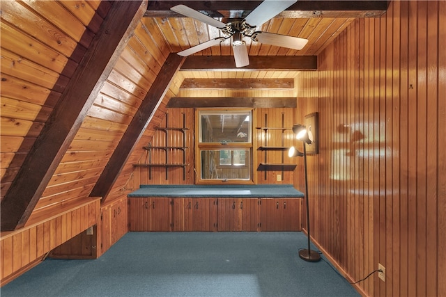 interior space with carpet, lofted ceiling with beams, wood ceiling, and wood walls