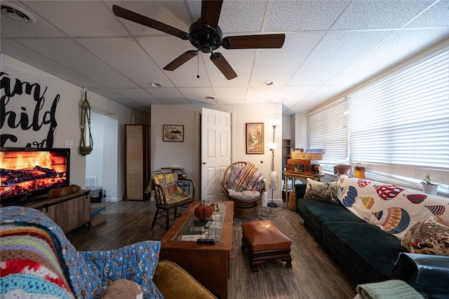 living room with a drop ceiling, wood-type flooring, and ceiling fan