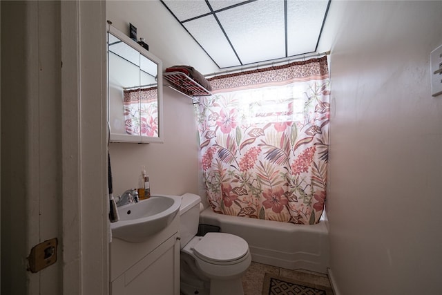 full bathroom with vanity, tile patterned flooring, toilet, and shower / tub combo