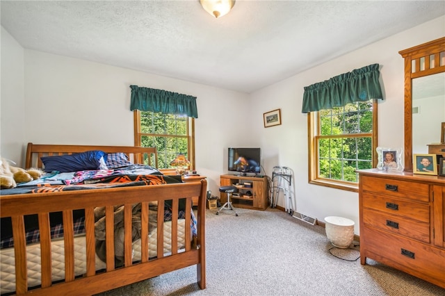 carpeted bedroom featuring a textured ceiling and multiple windows