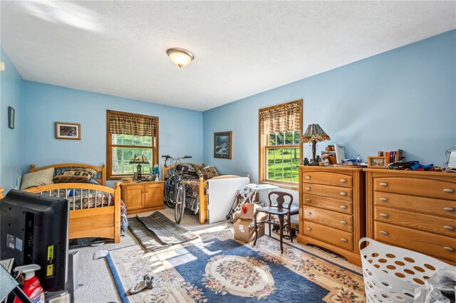 carpeted bedroom featuring a textured ceiling and multiple windows