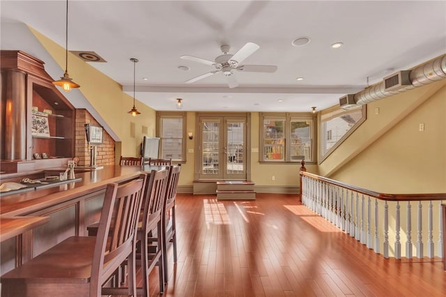 110 Pius St, South Side, PA 15203 - dining room featuring ceiling fan, wood finished floors, baseboards, and recessed lighting