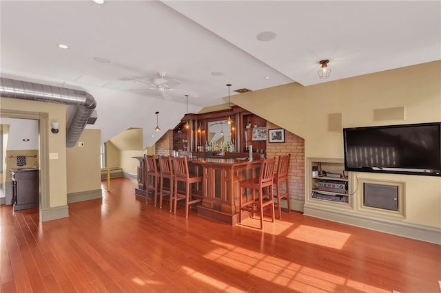 110 Pius St, South Side, PA 15203 - indoor dry bar with ceiling fan, wood finished floors, baseboards, and vaulted ceiling