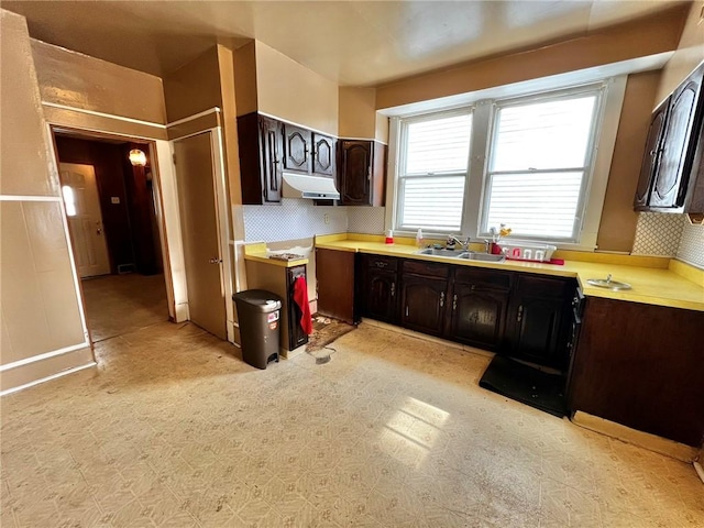 1229 Main St, Aliquippa, PA 15001 - kitchen featuring under cabinet range hood, a sink, light countertops, dark brown cabinetry, and tasteful backsplash