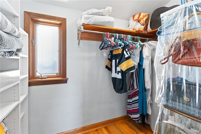 walk in closet with wood-type flooring