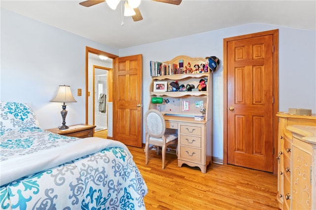 bedroom featuring light wood-type flooring and ceiling fan