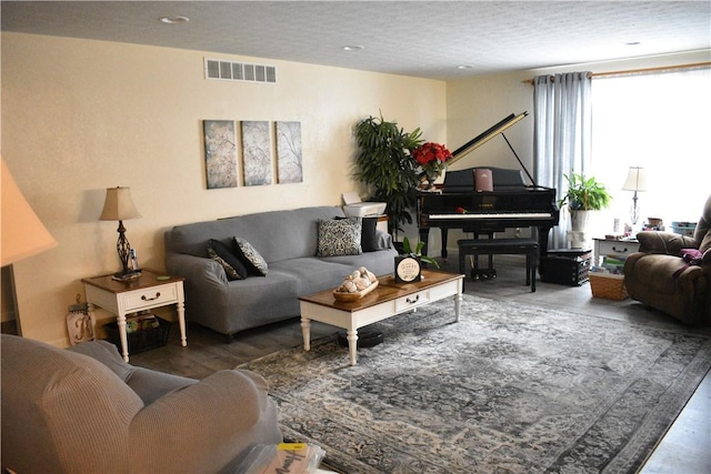 living room with dark hardwood / wood-style floors and a textured ceiling