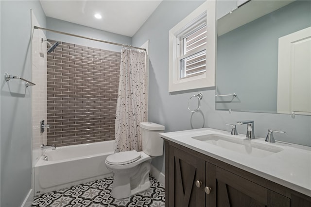 full bathroom featuring vanity, shower / tub combo, toilet, and tile patterned flooring