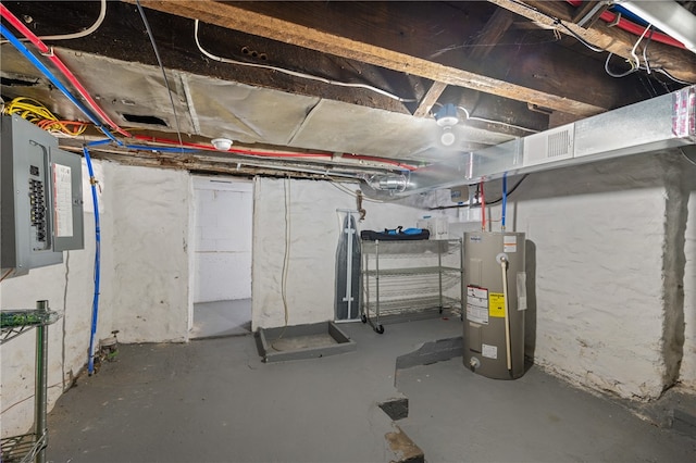 basement featuring electric panel and electric water heater