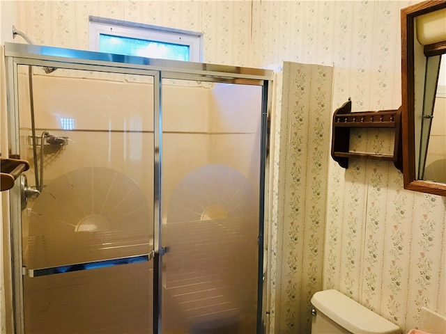 bathroom featuring a shower with shower door and toilet