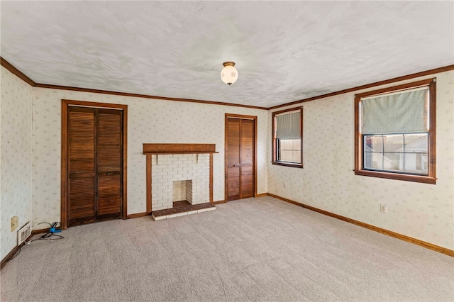 interior space with light colored carpet, a brick fireplace, and ornamental molding