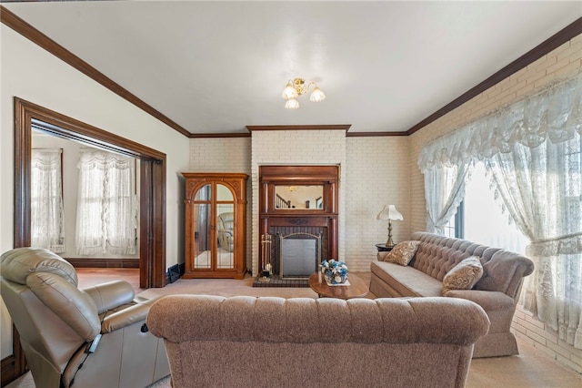 living room featuring a fireplace, a healthy amount of sunlight, and brick wall