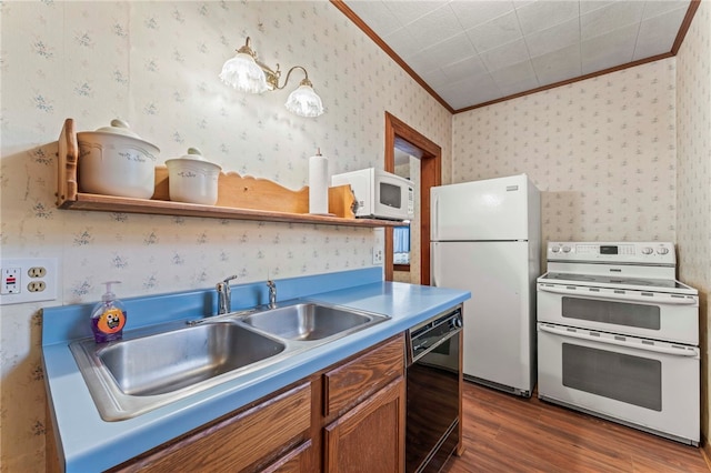 kitchen featuring dark hardwood / wood-style flooring, sink, white appliances, and ornamental molding