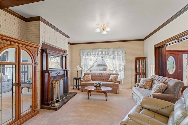 living room featuring crown molding, a fireplace, and light colored carpet