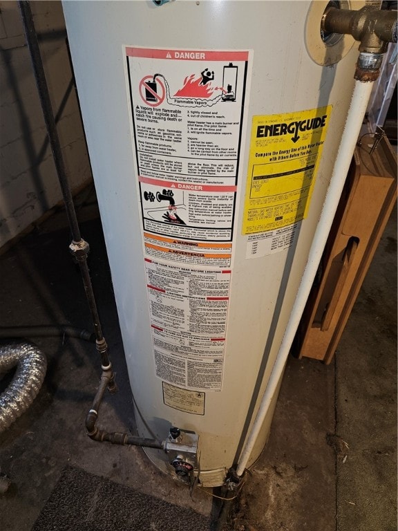 interior details featuring concrete floors and gas water heater