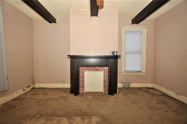 room details featuring beam ceiling, a fireplace, and carpet floors