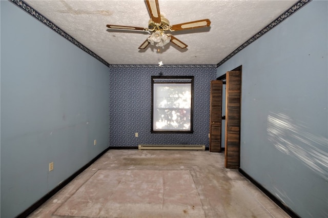 empty room with a baseboard radiator, a textured ceiling, and ceiling fan