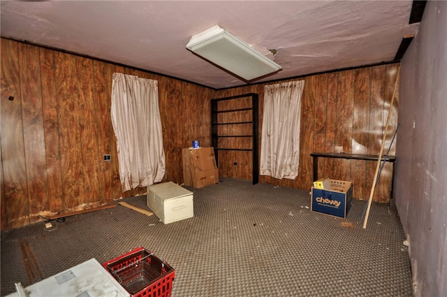 interior space with dark colored carpet and wood walls