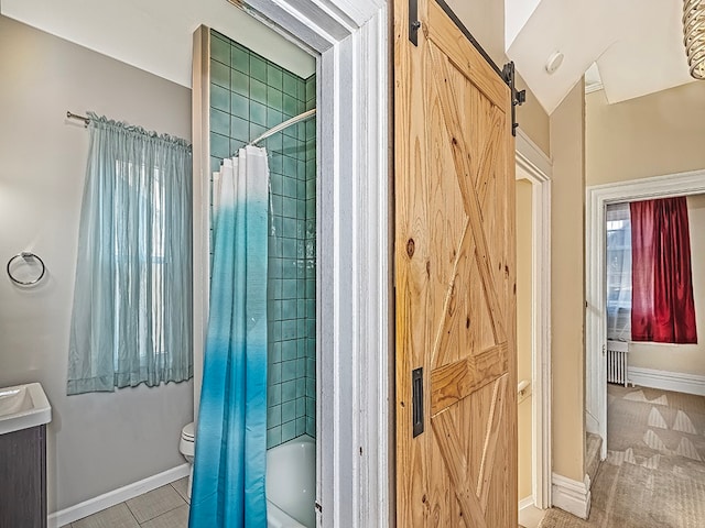 full bathroom with vanity, shower / bath combo, toilet, and tile patterned flooring